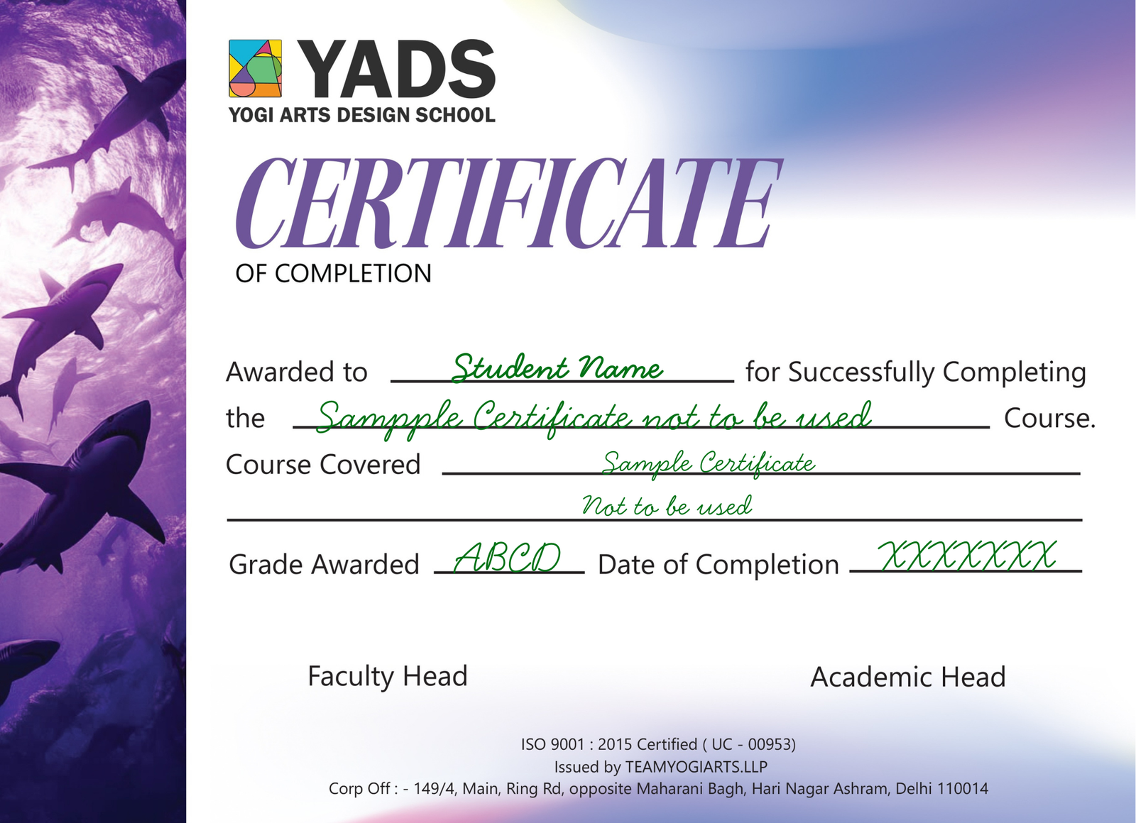 YADS Shark Design Course Certificate